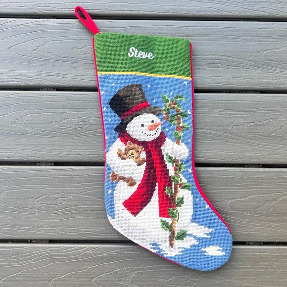 Christmas Needlepoint Wool Stocking Snowman Monogrammed Steve - Picture 1 of 10